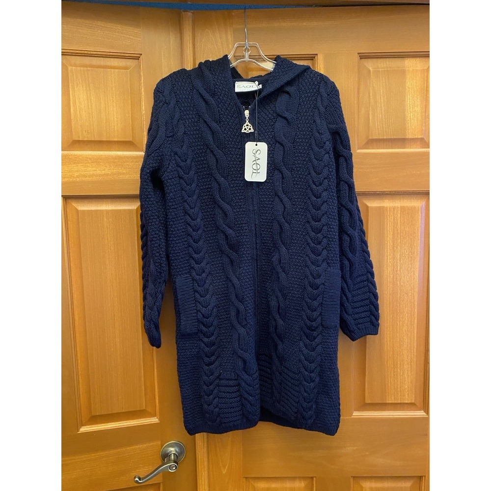 NEW SAOL 100% Merino Wool Medium Cardigan Coatigan Women's Fisherman Cable Knit